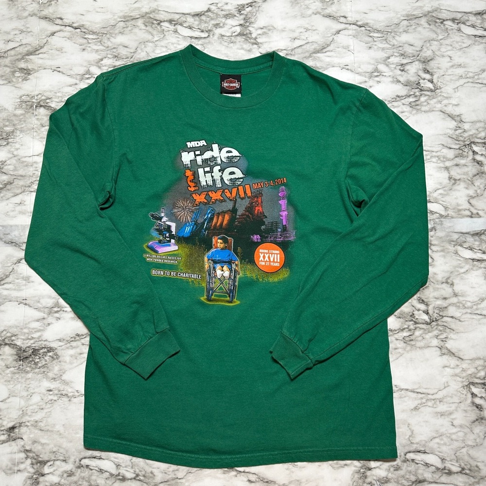 HARLEY DAVIDSON Men's T Shirt L Green Ride For Life Born To Be Charitable 2014